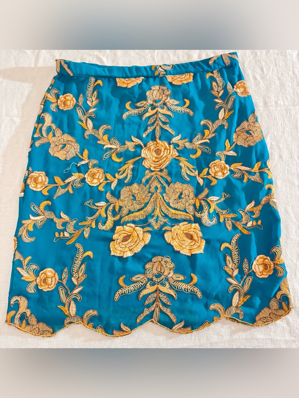Yoana Baraschi Teal Skirt with Gold Floral Embroidery Size 6